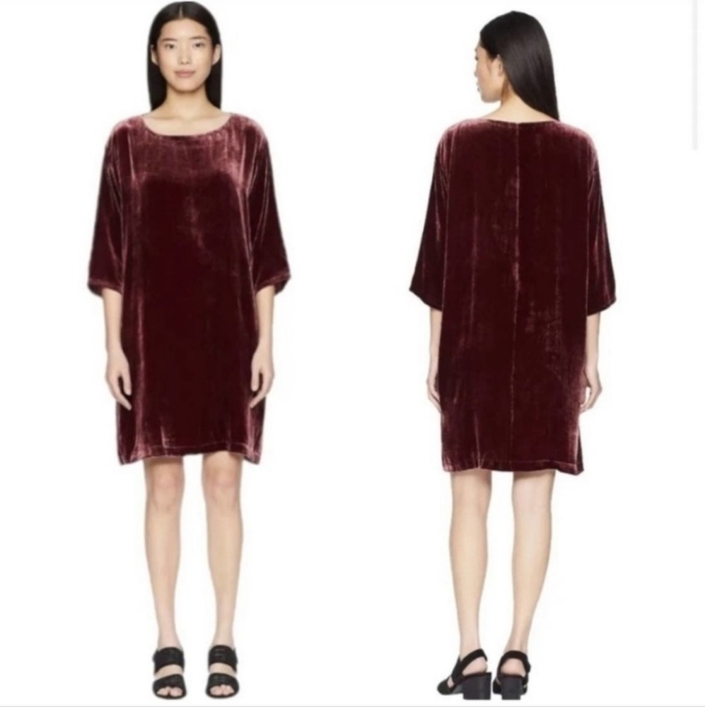 NWT Eileen Fisher Festive Velvet Silk/Rayon Bateau Neck Dress With Pockets Small